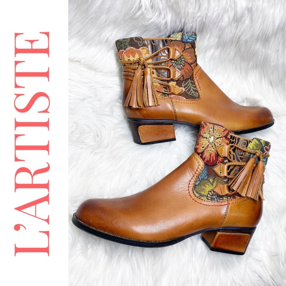L’ARTISTE LEATHER ANKLE TAPESTRY BOOTIE TASSEL UNIQUE ARTISTIC BOHO, WOMEN’s 40
